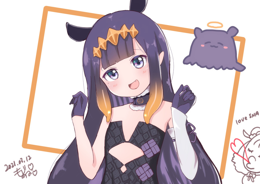 1girl :d absurdres bare_shoulders blush commentary_request dated detached_sleeves fang flat_chest fur-trimmed_collar gloves halo head_tilt highres hololive hololive_english long_hair looking_at_viewer momosuzu_nene_(artist) ninomae_ina'nis octopus open_mouth pointy_ears purple_gloves purple_hair signature single_detached_sleeve smile tako_(ninomae_ina'nis) tentacle_hair upper_body white_background