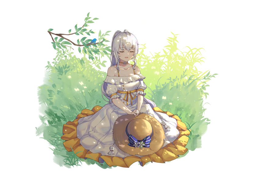 1girl :d ahoge bare_shoulders blue_bow bow bra_strap branch character_request choker closed_eyes dress facing_viewer flower grass hat hat_flower highres holding holding_clothes holding_hat jiliang_jiying_yumao long_dress off-shoulder_dress off_shoulder on_grass open_mouth ponytail ribbon sash sitting smile solo straw_hat teruterubouzu v_arms virtuareal white_dress white_flower white_hair yellow_choker yellow_ribbon yellow_sash