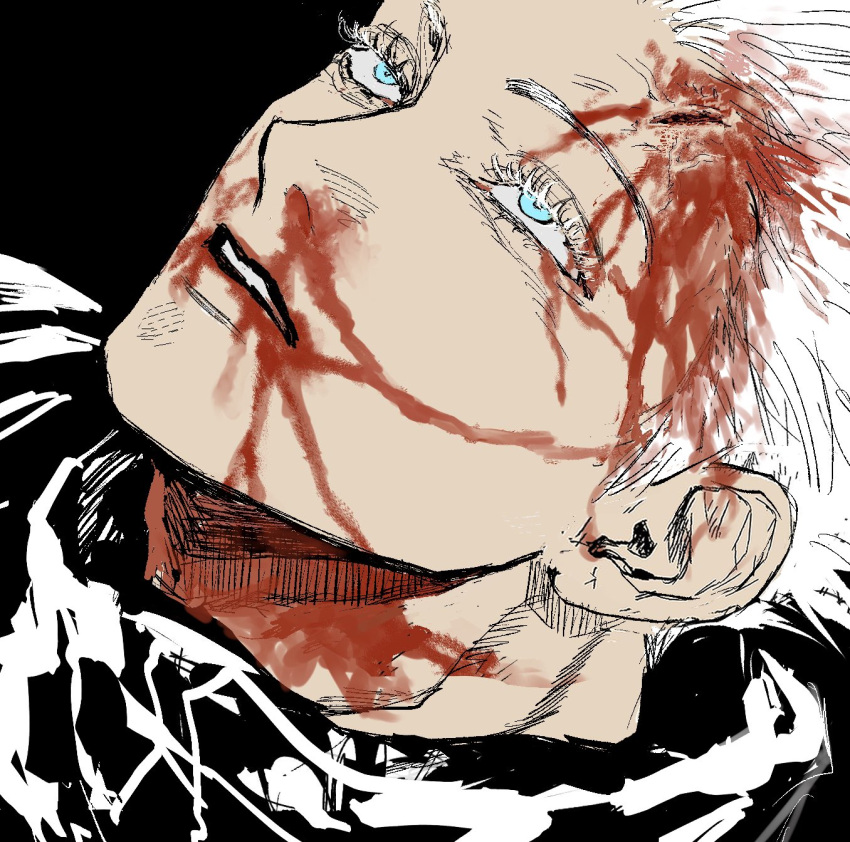 1boy black_background bleeding blood blood_from_mouth blood_on_face blue_eyes collared_jacket expressionless eyelashes gojou_satoru half-closed_eyes highres injury jujutsu_kaisen lying male_focus nosebleed open_mouth pale_skin parted_lips portrait simple_background syrnrr white_hair