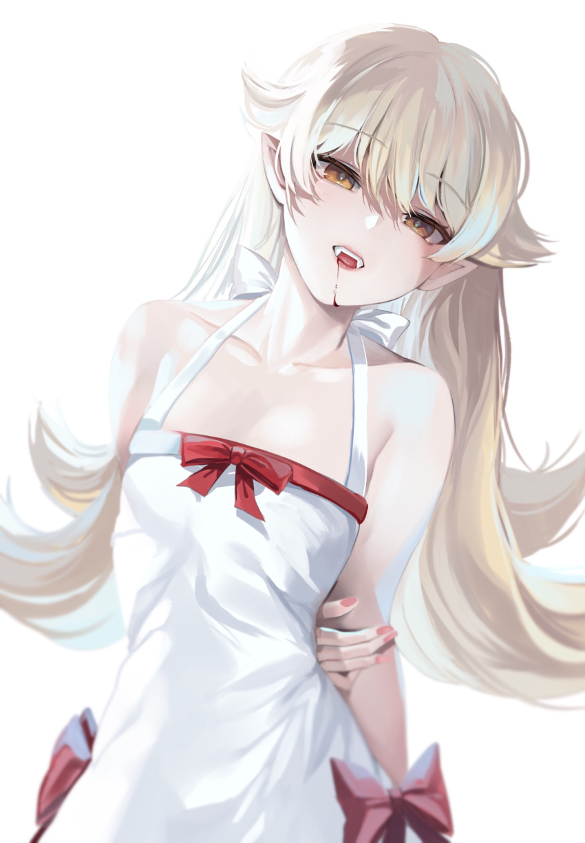 1girl arm_behind_back bangs blonde_hair blood blood_from_mouth bow collarbone dress dress_bow eyebrows_visible_through_hair fan grabbing_own_arm hair_between_eyes highres leaning_to_the_side looking_at_viewer monogatari_(series) open_mouth oshino_shinobu pink_nails pointy_ears red_bow simple_background solo white_background white_dress yellow_eyes zerocat