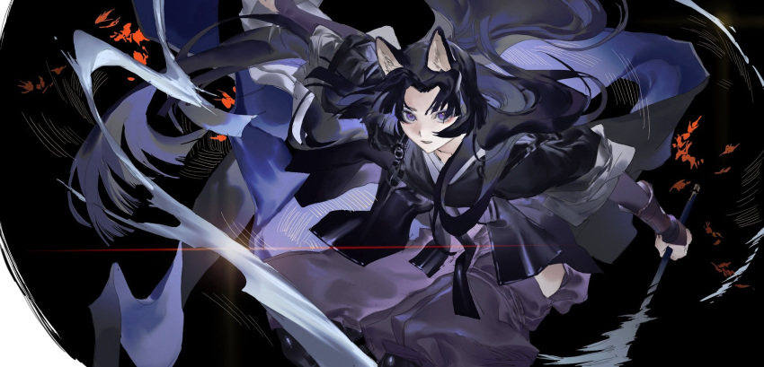 1girl animal_ears arknights black_hair cal_119 dog_ears highres holding holding_weapon long_hair looking_at_viewer saga_(arknights) solo very_long_hair violet_eyes weapon