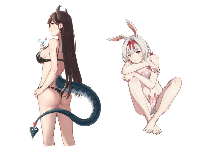 2girls absurdres animal_ears animal_print ass bare_arms bare_legs bare_shoulders barefoot bikini black_bikini blush bra breasts brown_hair bunny_panties bunny_print closed_mouth cocktail_glass cropped_legs crossed_legs cup drinking_glass from_side glasses grey_hair hairband hand_on_hip highres horns jiliang_jiying_yumao large_breasts lizard_tail long_hair looking_at_viewer medium_hair multiple_girls multiple_horns navel panties pink_bra pink_panties print_panties profile rabbit_ears red-framed_eyewear red_ribbon ribbon simple_background sitting smile standing swimsuit tail tail_ornament tail_ribbon underwear underwear_only virtuareal white_background yellow_eyes