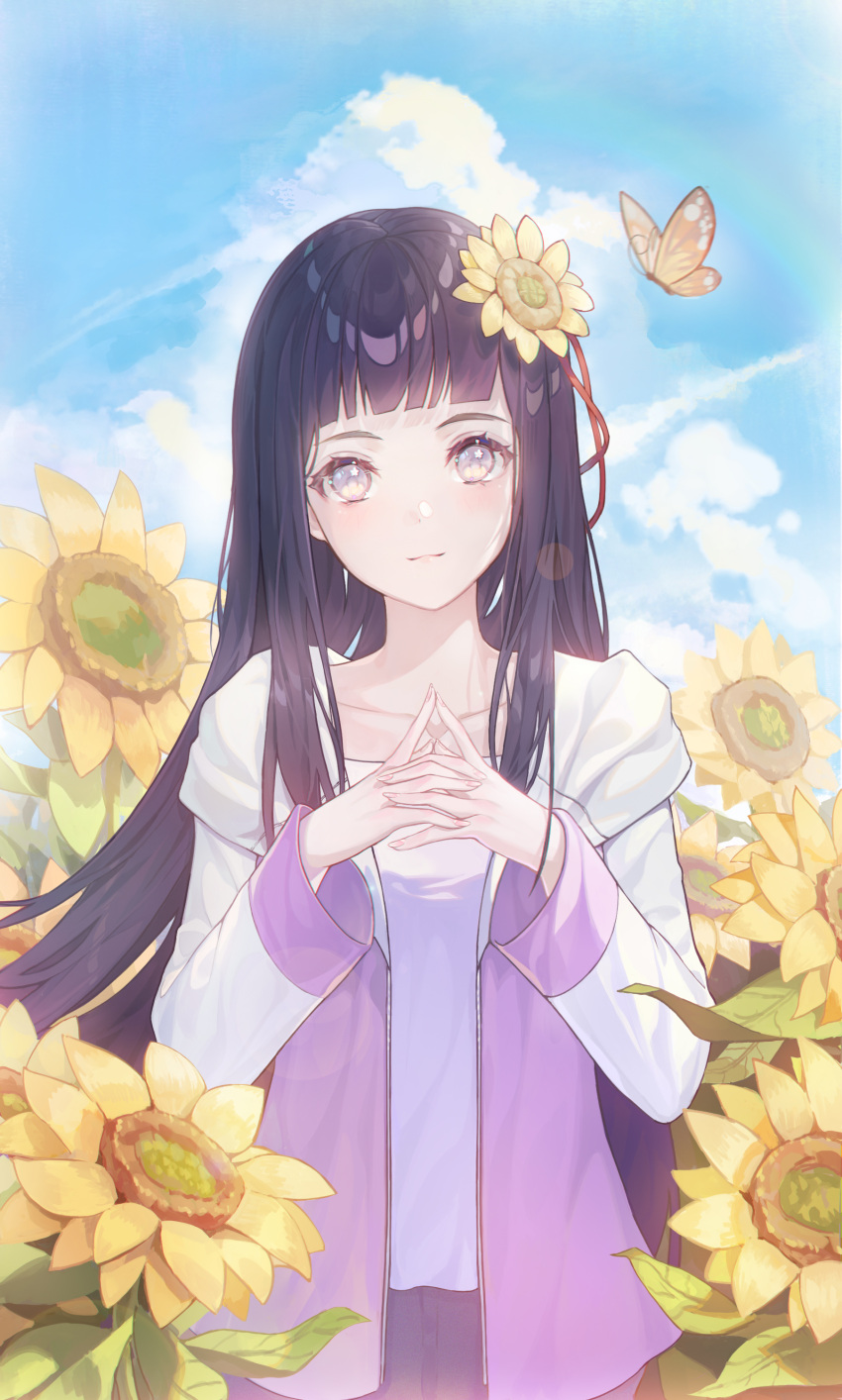 1girl absurdres bangs black_hair blue_sky blunt_bangs bug butterfly closed_mouth clouds collarbone day field flower flower_field grey_eyes hair_flower hair_ornament highres hood hooded_jacket hyuuga_hinata insect jacket long_hair long_sleeves looking_at_viewer naruto_(series) naruto_shippuuden nhan open_clothes open_jacket outdoors shiny shiny_hair shirt sky smile solo sunflower very_long_hair white_shirt yellow_flower