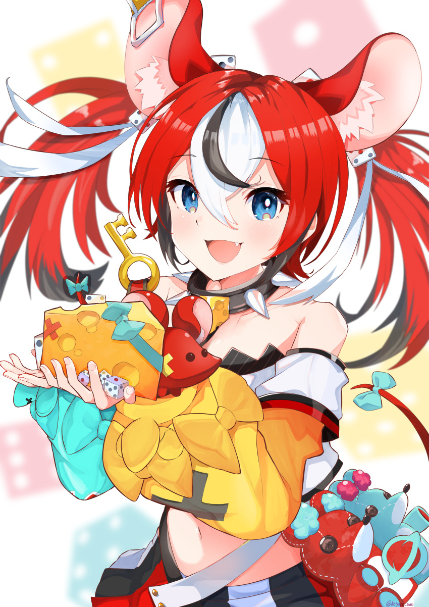 1girl :d absurdres animal_ears bare_shoulders black_hair blue_eyes collar cowboy_shot crop_top detached_sleeves dice fang hakos_baelz highres hololive hololive_english ketyara layered_sleeves long_hair looking_at_viewer midriff miniskirt mouse_ears mouse_girl mouse_tail mr._squeaks_(hakos_baelz) multicolored_hair navel open_mouth pleated_skirt redhead skirt smile solo spiked_collar spikes tail virtual_youtuber white_hair white_tube_top