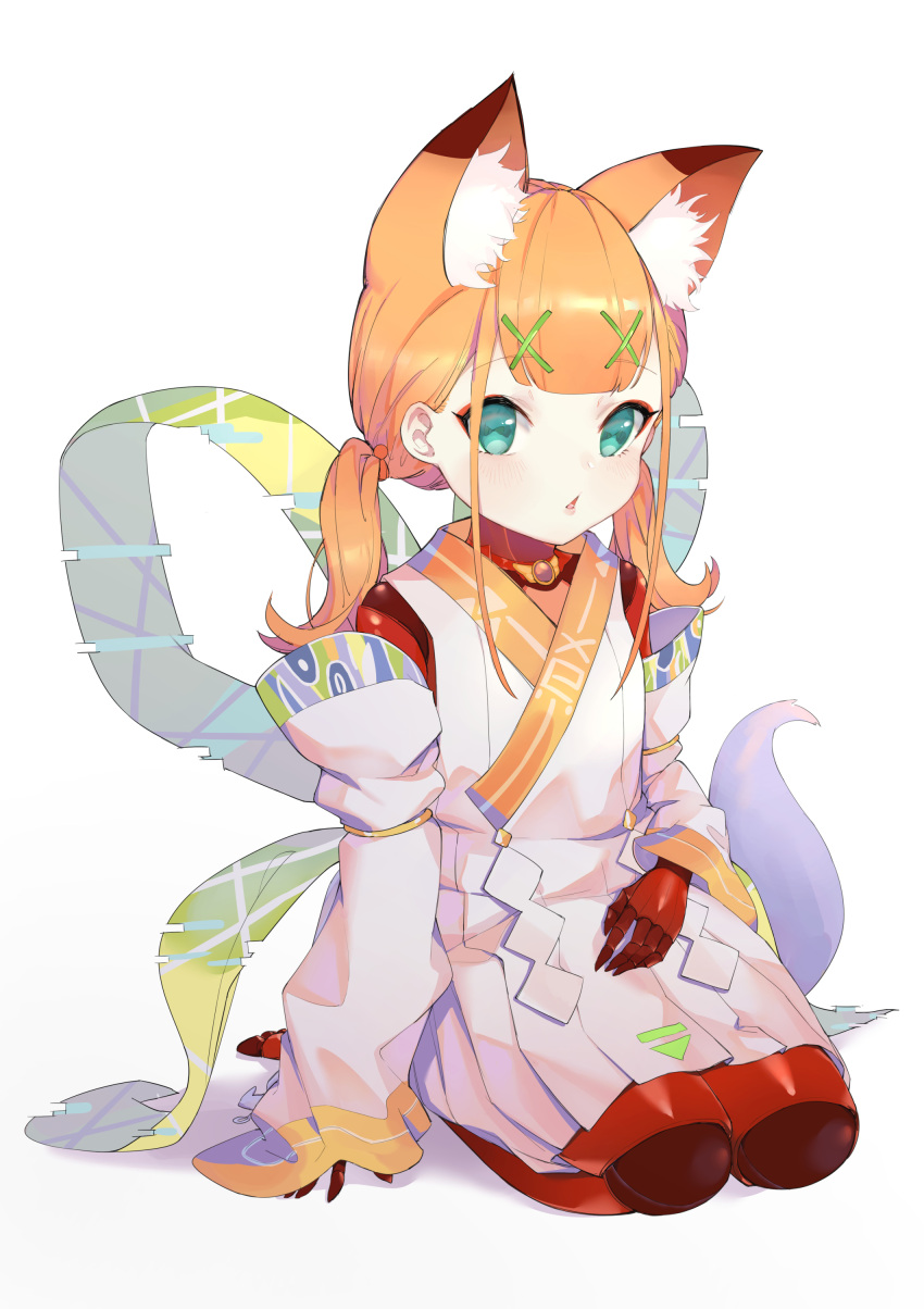 1girl absurdres animal_ears bangs blue_eyes blunt_bangs colored_skin detached_sleeves fox_ears full_body hair_ornament hairclip highres japanese_clothes jiliang_jiying_yumao joints kimono looking_at_viewer low_twintails medium_hair orange_hair original parted_lips red_skin robot_joints seiza simple_background sitting solo twintails white_background white_kimono x_hair_ornament