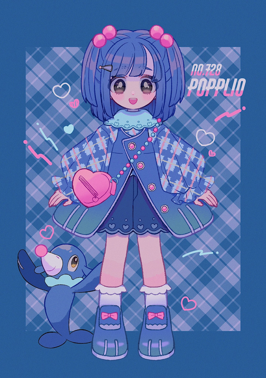 1girl bag bangs blue_hair blush character_name clothing_request commentary_request creature_and_personification gen_7_pokemon grey_eyes hair_bobbles hair_ornament handbag heart highres long_sleeves looking_at_viewer mameeekueya medium_hair number open_mouth pink_bag pokemon pokemon_(creature) popplio shoes smile socks standing teeth