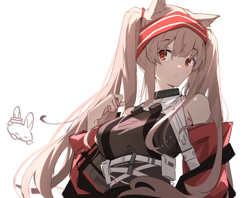 1girl absurdres angelina_(distinguished_visitor)_(arknights) animal_ears arknights bangs bare_shoulders black_choker blush breasts brown_hair choker closed_mouth eyebrows_visible_through_hair fox_ears hairband highres large_breasts long_hair long_sleeves looking_at_viewer off_shoulder pouch rabbit red_eyes simple_background solo twintails two-tone_hairband underbust upper_body white_background