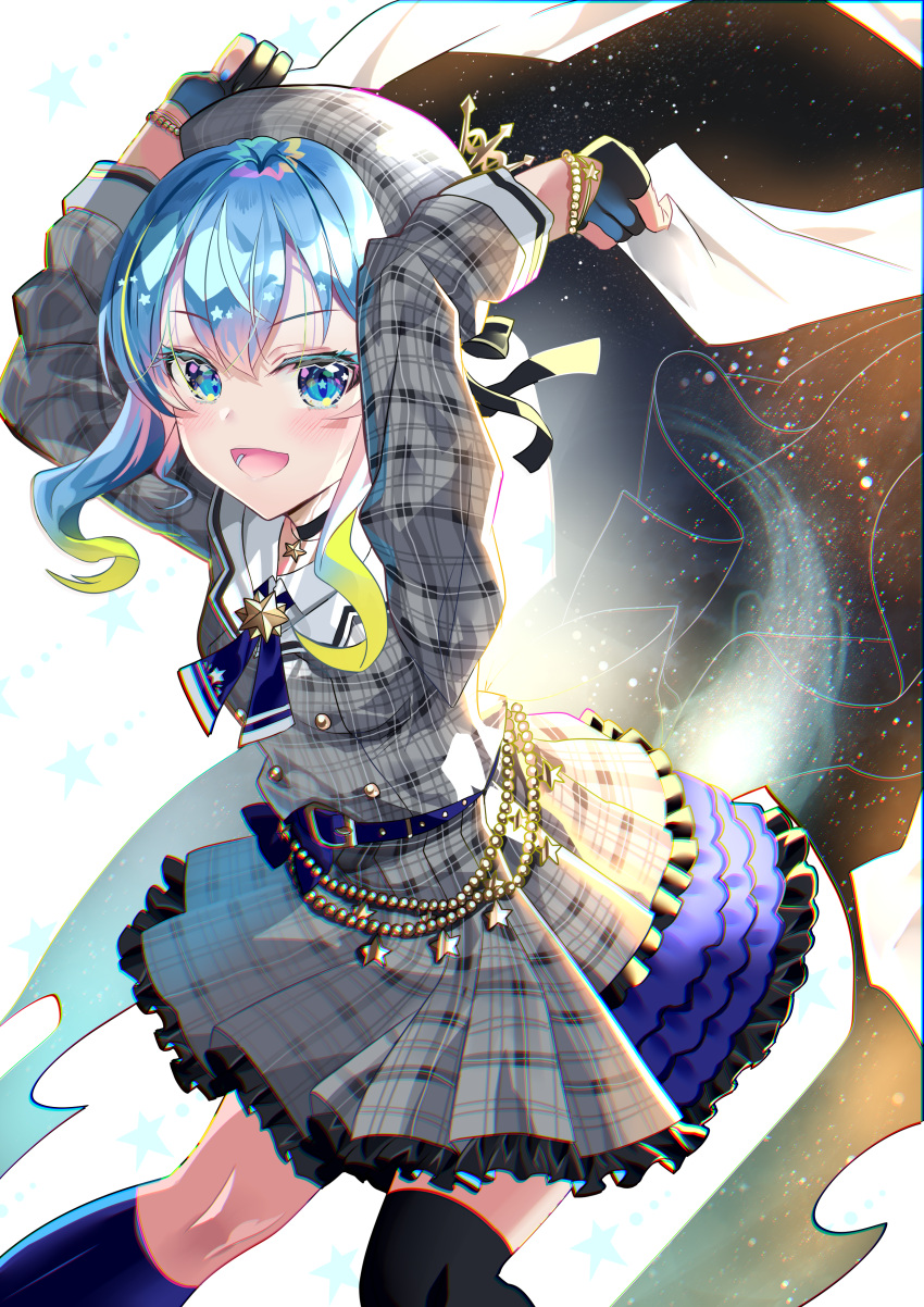 1girl :d absurdres arms_up bead_belt bead_bracelet beads belt beret black_gloves black_legwear blue_belt blue_eyes blue_hair blue_legwear blue_neckwear blush bracelet choker commentary_request dress gloves green_hair grey_dress grey_headwear hat highres holding hololive hoshimachi_suisei jewelry kneehighs long_sleeves looking_at_viewer mismatched_legwear multicolored_hair necktie open_mouth partially_fingerless_gloves pink_hair plaid plaid_dress plaid_headwear pleated_dress sho_(runatic_moon) single_kneehigh single_thighhigh sleeves_rolled_up smile solo space_print standing star_(symbol) star_choker star_in_eye starry_sky_print streaked_hair symbol_in_eye thigh-highs virtual_youtuber