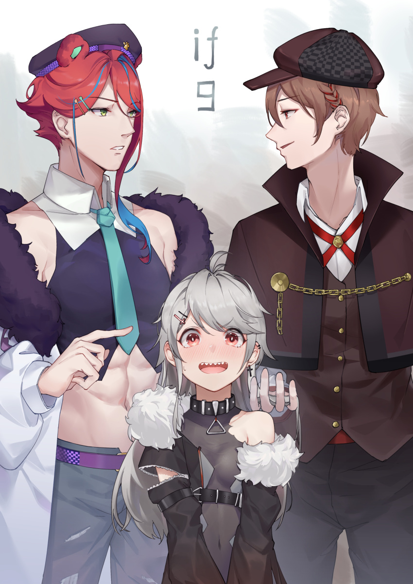 1girl 2boys :d abs absurdres animal_ears arm_belt black_pants blue_neckwear blush braid breasts brown_capelet brown_hair brown_vest character_request coat collared_shirt covered_navel cross detached_collar ear_piercing embarrassed eye_contact green_eyes grey_pants hair_ornament hairclip hat height_difference highres inverted_cross jiliang_jiying_yumao looking_at_another medium_breasts midriff multiple_boys navel necktie nervous_smile off_shoulder open_mouth pants piercing pointing purple_headwear red_eyes redhead sharp_teeth shirt single_bare_shoulder smile sweat teeth torn_bodystocking vest virtuareal white_coat white_shirt wide-eyed wing_collar