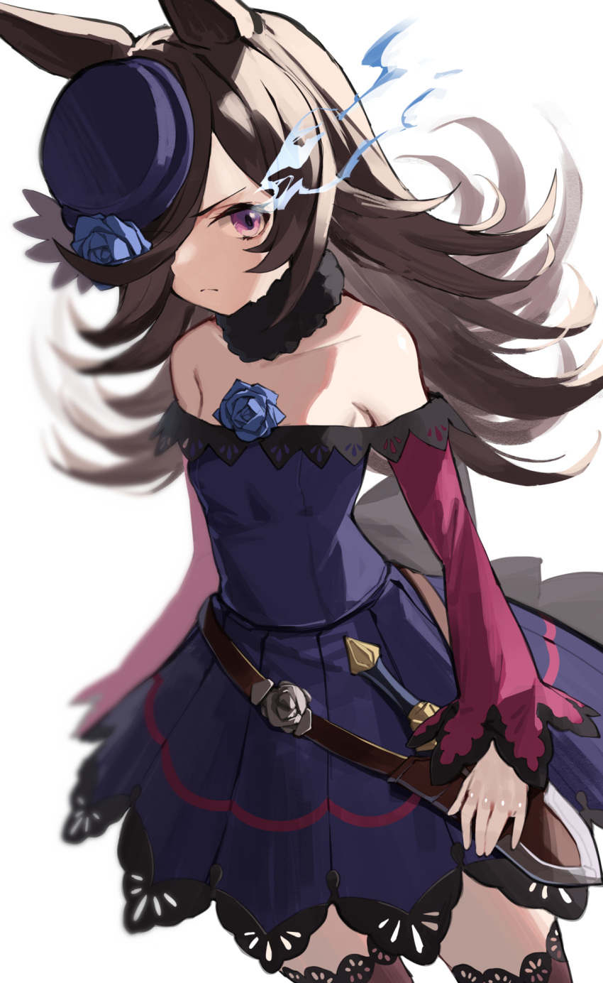 &gt;:( 1girl amagasa_yun animal_ears bare_shoulders black_hair blue_dress blue_flower blue_rose brown_legwear closed_mouth collarbone commentary_request dress flower hair_over_one_eye hat highres horse_ears light_frown long_hair long_sleeves looking_at_viewer off-shoulder_dress off_shoulder purple_headwear rice_shower rose simple_background sleeves_past_wrists solo standing thigh-highs umamusume v-shaped_eyebrows very_long_hair violet_eyes white_background wide_sleeves