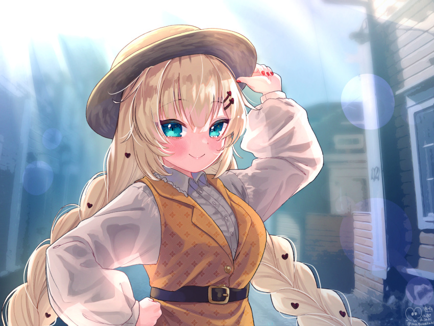 1girl akai_haato argyle argyle_shirt arm_up bangs belt black_belt blonde_hair blue_eyes blush braid breasts brown_shirt collared_shirt commentary_request day eyebrows_visible_through_hair fingernails hair_ornament hand_on_headwear hand_on_hip hat heart heart_hair_ornament high_belt highres hololive long_hair long_sleeves looking_at_viewer magowasabi medium_breasts nail_polish puffy_long_sleeves puffy_sleeves red_nails shirt signature smile solo sun_hat twin_braids twintails twitter_username virtual_youtuber white_shirt yellow_headwear