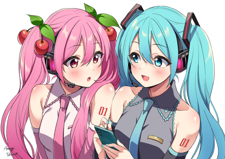 2girls :d :o amagi_shino aqua_eyes aqua_hair aqua_nails aqua_neckwear artist_name bare_shoulders black_sleeves blush cellphone cherry_hair_ornament collarbone commentary_request detached_sleeves dual_persona food_themed_hair_ornament grey_shirt hair_ornament hatsune_miku headphones headset highres holding holding_phone leaf long_hair looking_at_another multiple_girls nail_polish necktie open_mouth phone pink_eyes pink_hair pink_neckwear pink_sleeves sakura_miku shirt shoulder_blush shoulder_tattoo side-by-side sleeveless sleeveless_shirt smartphone smile tattoo twintails upper_body very_long_hair vocaloid white_background