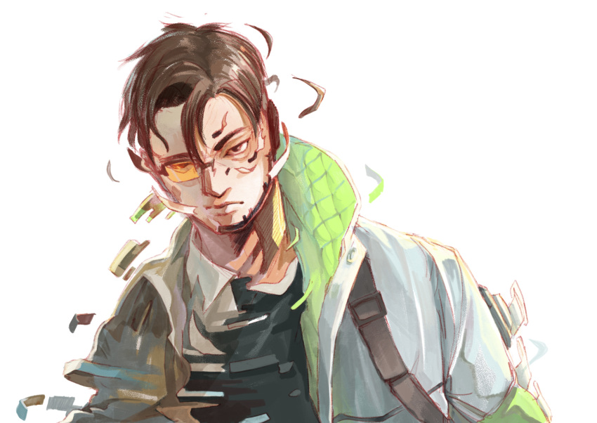 1boy apex_legends black_eyes black_hair black_shirt collared_shirt crypto_(apex_legends) glasses grey_jacket hair_between_eyes highres jacket looking_at_viewer looking_down male_focus pasojo shirt solo transformation upper_body white_shirt