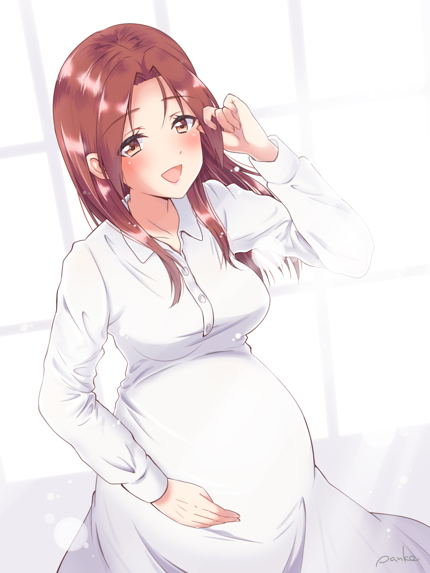 1girl alternate_costume back blush breasts brown_eyes brown_hair dress hand_in_hair highres long_hair looking_at_viewer medium_breasts minna-dietlinde_wilcke miyu_(lovesickness) pregnant smile solo strike_witches white_dress world_witches_series