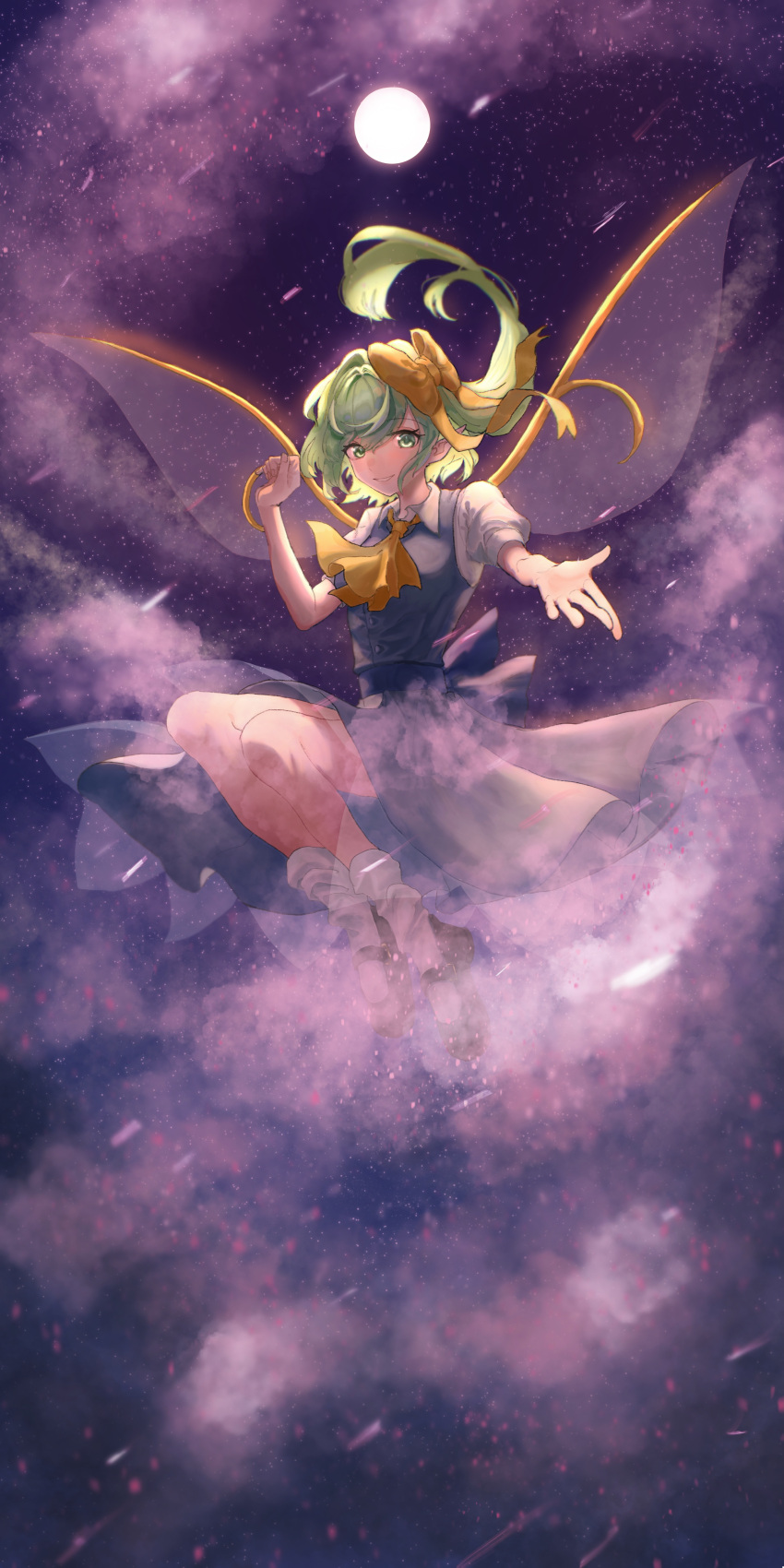 1girl absurdres bangs black_footwear blue_dress bobby_socks bow breasts clouds commentary_request cravat daiyousei dress eyebrows_behind_hair fairy_wings floating floating_hair full_body full_moon green_hair hair_between_eyes hair_bow hair_intakes hand_up highres light_smile long_hair looking_at_viewer luan_ib mary_janes moon motion_blur night night_sky parted_lips reaching_out shoes side_ponytail sidelocks sky small_breasts socks solo star_(sky) starry_sky swept_bangs touhou white_legwear wings yellow_bow yellow_neckwear