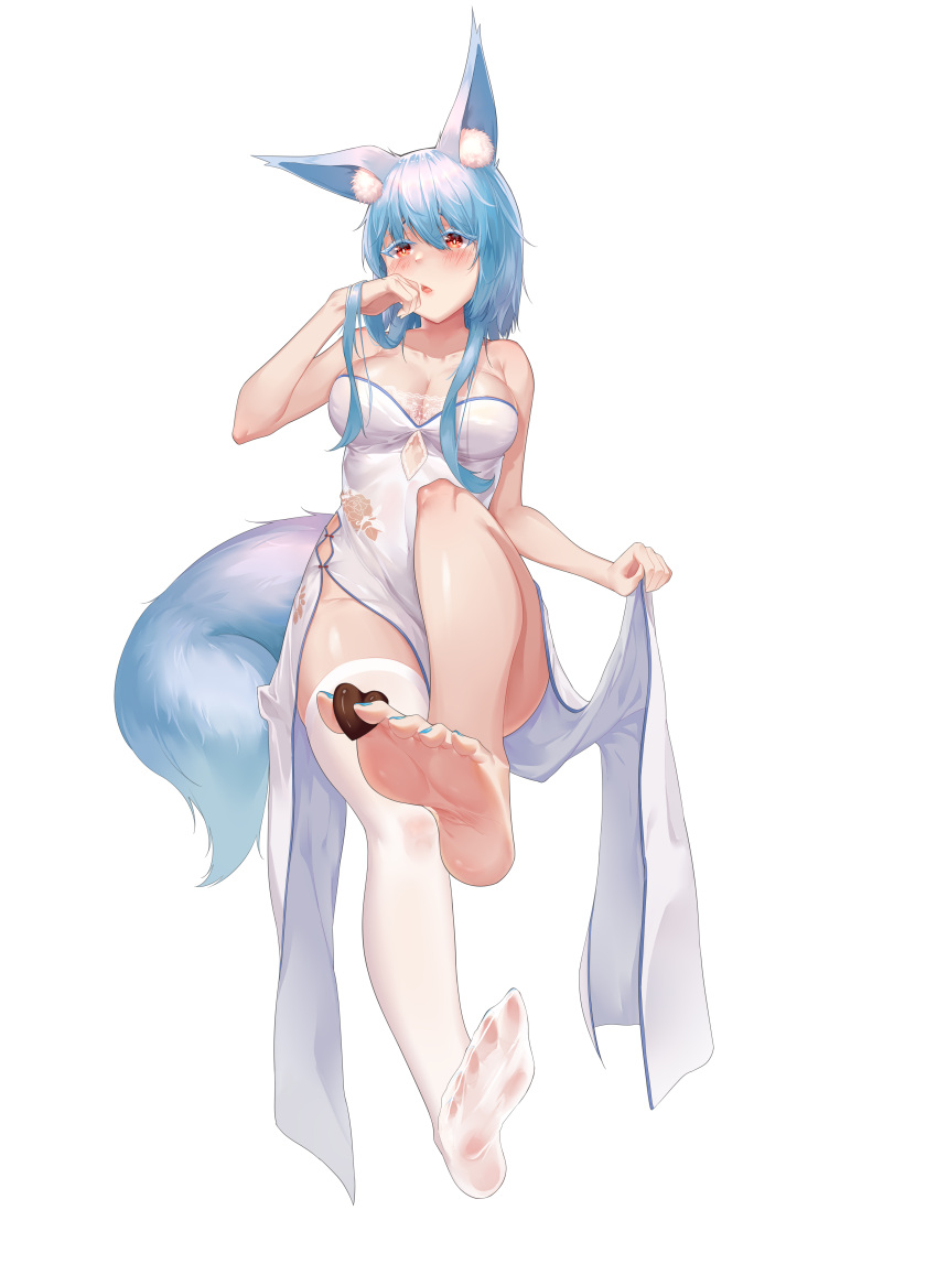 1girl absurdres animal_ear_fluff animal_ears artist_request bare_arms bare_legs bare_shoulders barefoot blue_hair breasts cat_ears cat_tail china_dress chinese_clothes chocolate copyright_request dress feet highres large_breasts long_hair looking_at_viewer no_shoes red_eyes short_dress socks soles tail thigh-highs toes white_background white_legwear