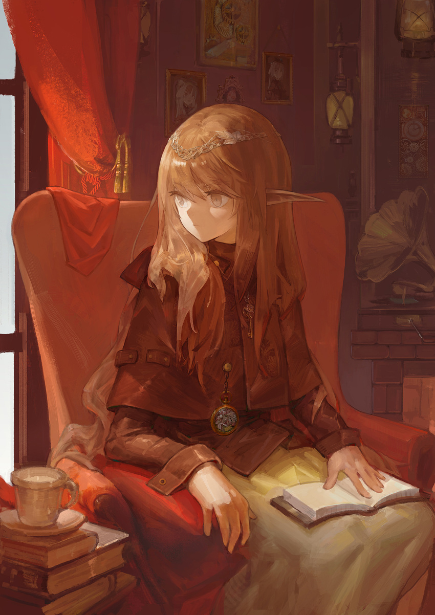 1girl book book_on_lap book_stack brown_eyes brown_hair circlet couch cup curtains elf fantasy fe-cr7777 feet_out_of_frame gears highres indoors lantern long_hair looking_to_the_side open_book original phonograph picture_(object) picture_frame pocket_watch pointy_ears sitting solo watch window