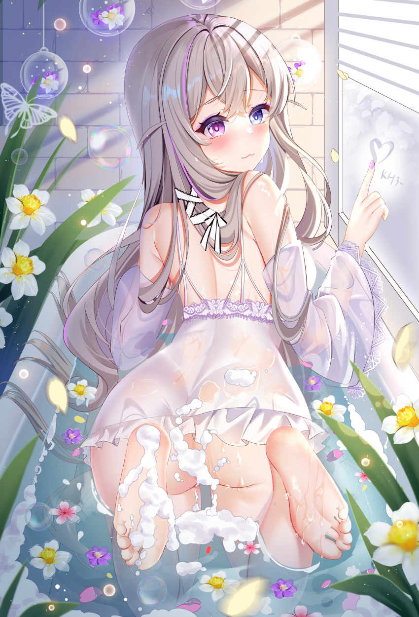 1girl :3 absurdres ass azur_lane babydoll back bangs barefoot bathtub blue_eyes brick_wall bubble chinese_commentary closed_mouth convenient_censoring crossed_bangs dress eyebrows_visible_through_hair feet fingers floating flower hair_ornament heterochromia highres indoors kneeling long_hair miaoguujuun_qvq murmansk_(azur_lane) nail_polish petals petals_on_liquid platinum_blonde_hair soap_bubbles soles solo toes violet_eyes white_dress wide_sleeves window