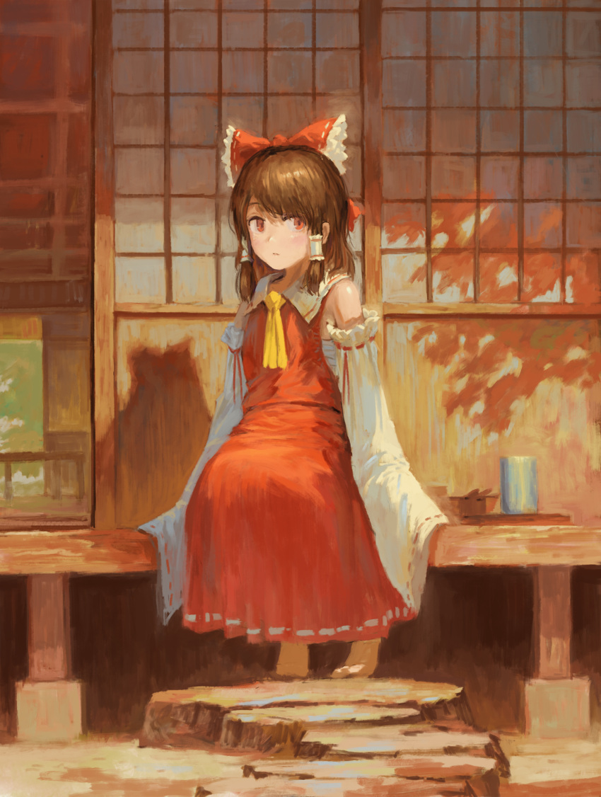 1girl architecture ascot bangs bare_shoulders bow breasts brown_hair closed_mouth cup detached_sleeves east_asian_architecture expressionless eyebrows_behind_hair fjsmu frilled_bow frilled_hair_tubes frills hair_bow hair_tubes hakurei_reimu highres light_blush looking_to_the_side medium_hair outdoors red_bow red_eyes red_skirt red_vest ribbon-trimmed_sleeves ribbon_trim sarashi shadow sidelocks sitting skirt skirt_set sleeves_past_fingers sleeves_past_wrists sliding_doors small_breasts solo touhou tray vest wide_sleeves yellow_neckwear