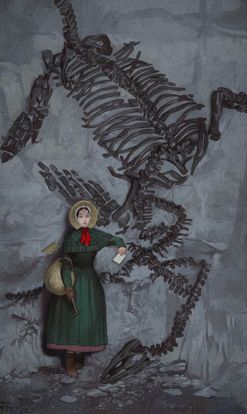 1girl absurdres ankle_boots archeology basket black_hair blue_eyes bonnet boots brown_footwear dress english_commentary forehead fossil full_body gloves green_capelet green_dress hammer highres historical historical_event mary_anning mossacannibalis palaeontology plesiosaur real_life short_hair single_glove solo_focus standing stone_wall wall