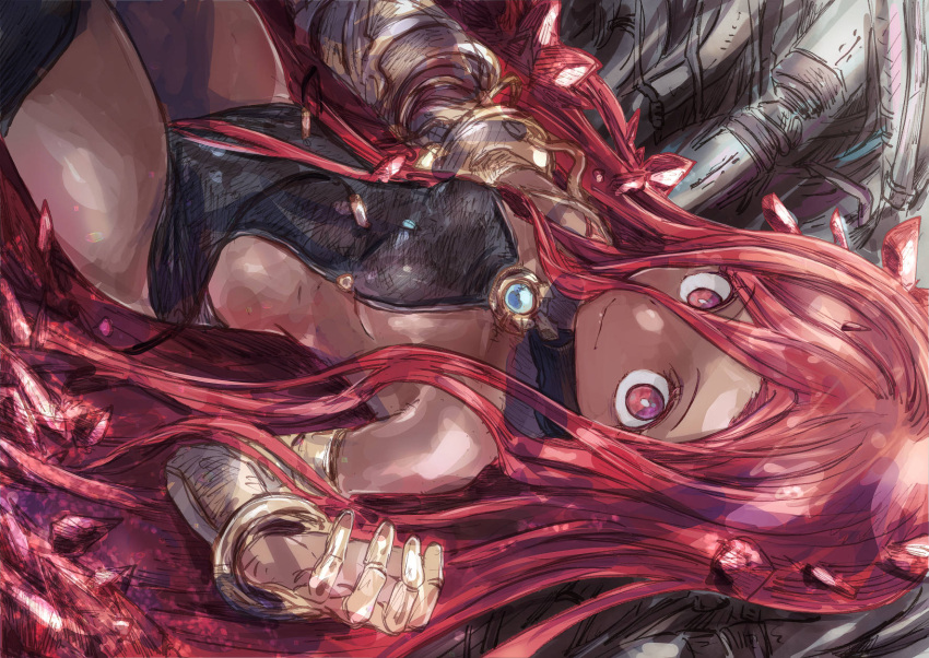 1girl bare_shoulders brooch elbow_gloves gloves granblue_fantasy highres jewelry long_hair looking_at_viewer lying on_back red_eyes redhead smile solo very_long_hair yatima yohane