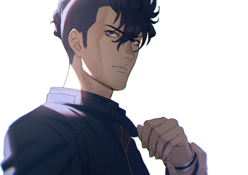 1boy backlighting blue_eyes blue_hair blue_jacket bracelet hair_between_eyes hand_on_own_wrist highres jacket jewelry looking_to_the_side macross macross_delta male_focus messer_ihlefeld mosako solo undercut upper_body white_background