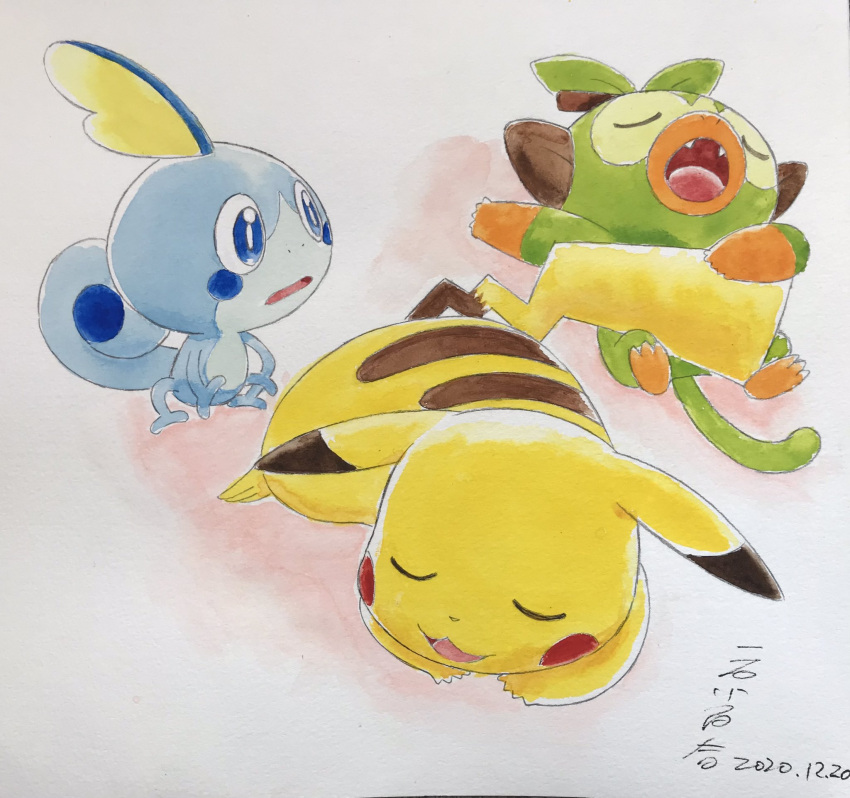 blue_eyes bright_pupils closed_eyes commentary_request creature dated fangs gen_1_pokemon gen_8_pokemon grookey highres holding looking_at_another lying no_humans on_back on_stomach open_mouth pikachu pokemon sayuri_ichiishi sleeping sobble toes tongue