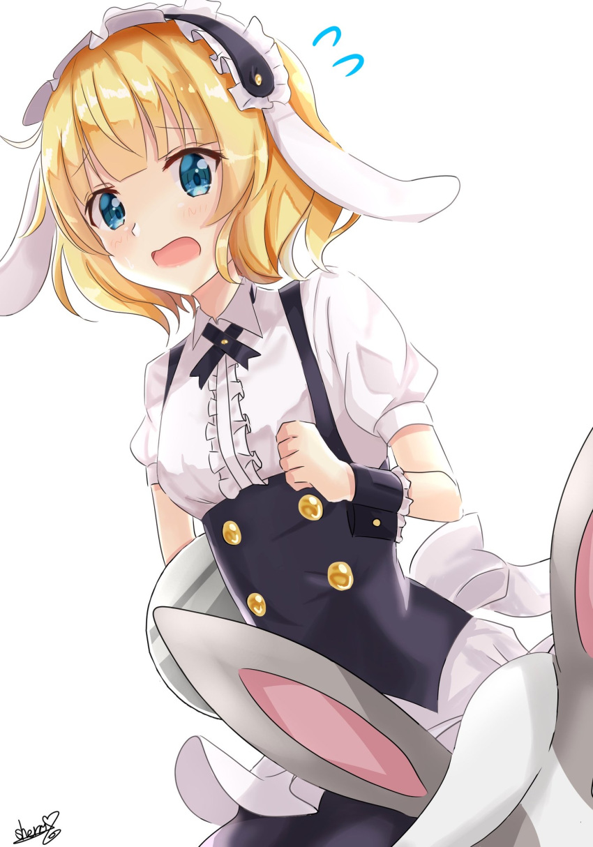 1girl apron bangs black_skirt blonde_hair blue_eyes blunt_bangs breasts collared_shirt corset dress_shirt fleur_de_lapin_uniform gochuumon_wa_usagi_desu_ka? headdress highres holding kirima_sharo naonao_(sherry) open_mouth shiny shiny_hair shirt short_hair short_sleeves signature simple_background skirt small_breasts solo standing waist_apron white_apron white_background white_shirt wild_geese wing_collar