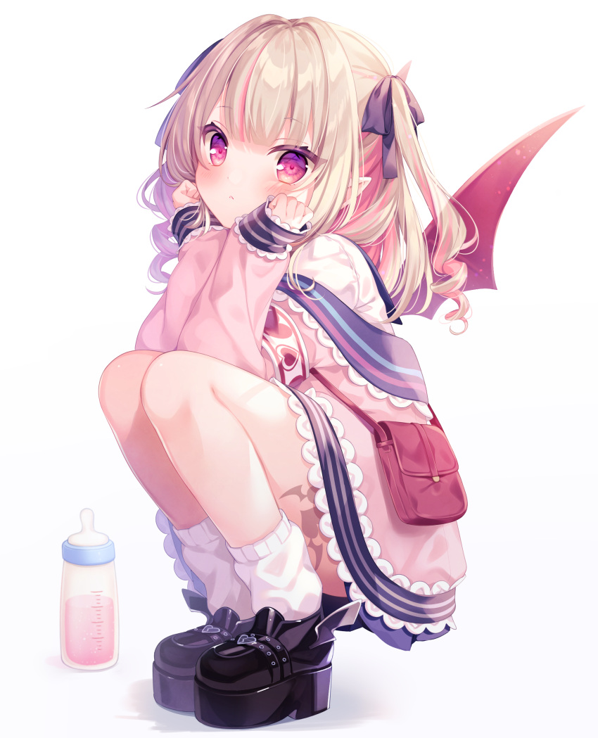 1girl :&lt; absurdres baby_bottle bat_wings black_bow black_footwear blue_sailor_collar blue_skirt blush bottle bow closed_mouth commentary full_body hair_bow highres jacket komachi_pochi light_brown_hair long_hair long_sleeves looking_at_viewer loose_socks makaino_ririmu multicolored_hair nijisanji off_shoulder open_clothes open_jacket pink_hair pink_jacket platform_footwear pleated_skirt red_wings sailor_collar shadow shirt shoes skirt sleeves_past_wrists socks solo squatting symbol_commentary two-tone_hair two_side_up virtual_youtuber white_background white_legwear white_shirt wings