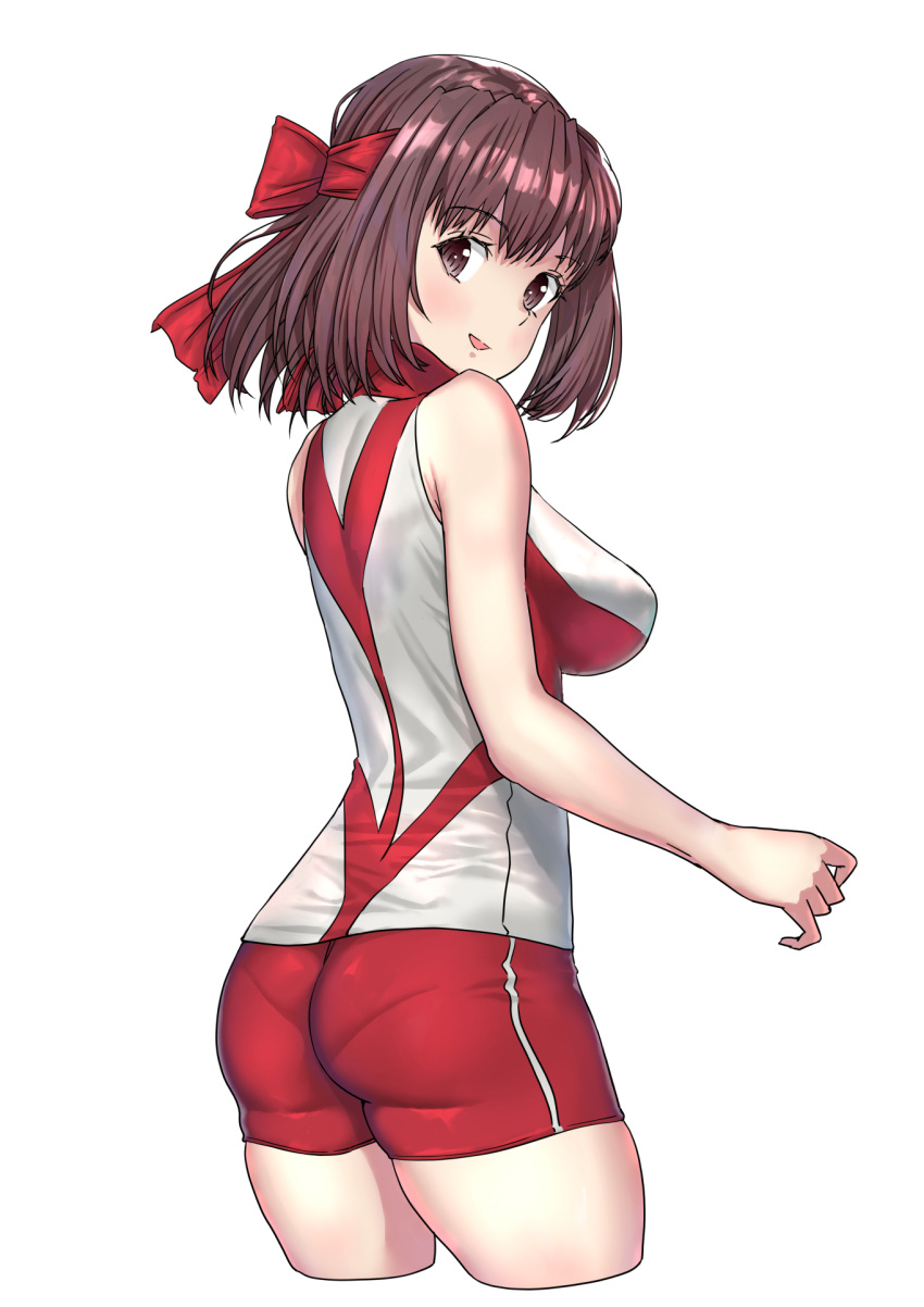 1girl ass bangs brown_eyes brown_hair commentary cowboy_shot cropped_legs eyebrows_visible_through_hair from_behind girls_und_panzer headband highres kondou_taeko looking_at_viewer looking_back medium_hair open_mouth pantylines red_headband red_shirt red_shorts shirt short_shorts shorts simple_background single_vertical_stripe sleeveless sleeveless_shirt smile solo sportswear standing volleyball_uniform white_background yamano_rita
