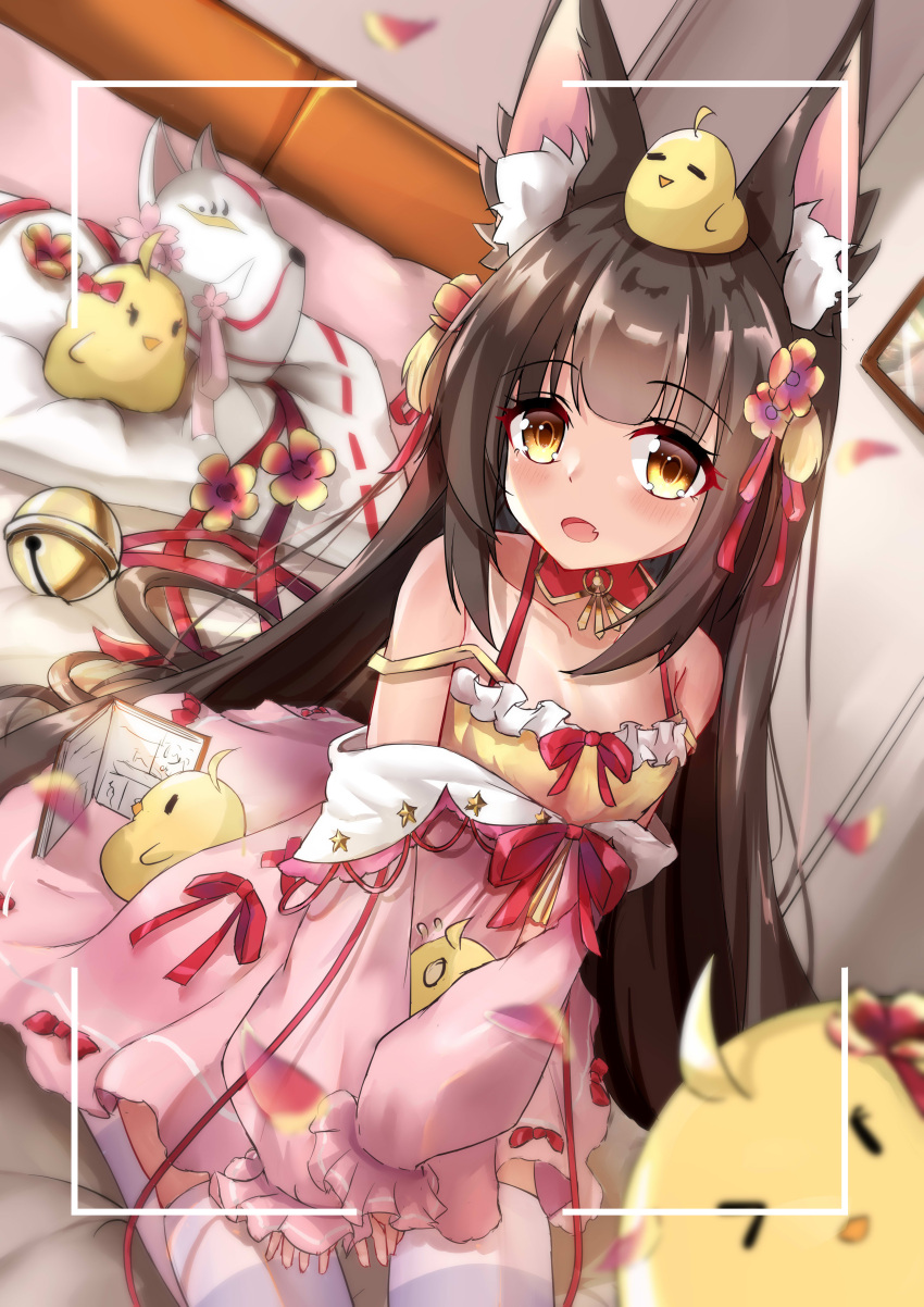1girl absurdres animal animal_ear_fluff animal_ears animal_on_head azur_lane bangs bird black_hair brown_eyes camisole chick commentary_request dress dutch_angle eyebrows_visible_through_hair fox_ears fox_mask highres long_hair long_sleeves manjuu_(azur_lane) mask mask_removed nagato-chan nagato_(azur_lane) nagato_(fox_vacation_day)_(azur_lane) off_shoulder on_head pink_dress puffy_long_sleeves puffy_sleeves seiza sitting sleeves_past_wrists solo thigh-highs very_long_hair viewfinder white_legwear yellow_camisole