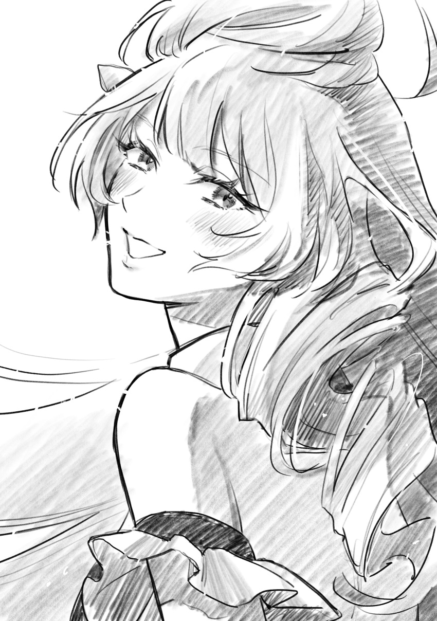 1girl absurdres blush detached_sleeves drill_hair from_behind greyscale hair_bun head_tilt highres long_hair looking_at_viewer macross macross_delta mikumo_guynemer monochrome mosako open_mouth sketch smile solo white_background