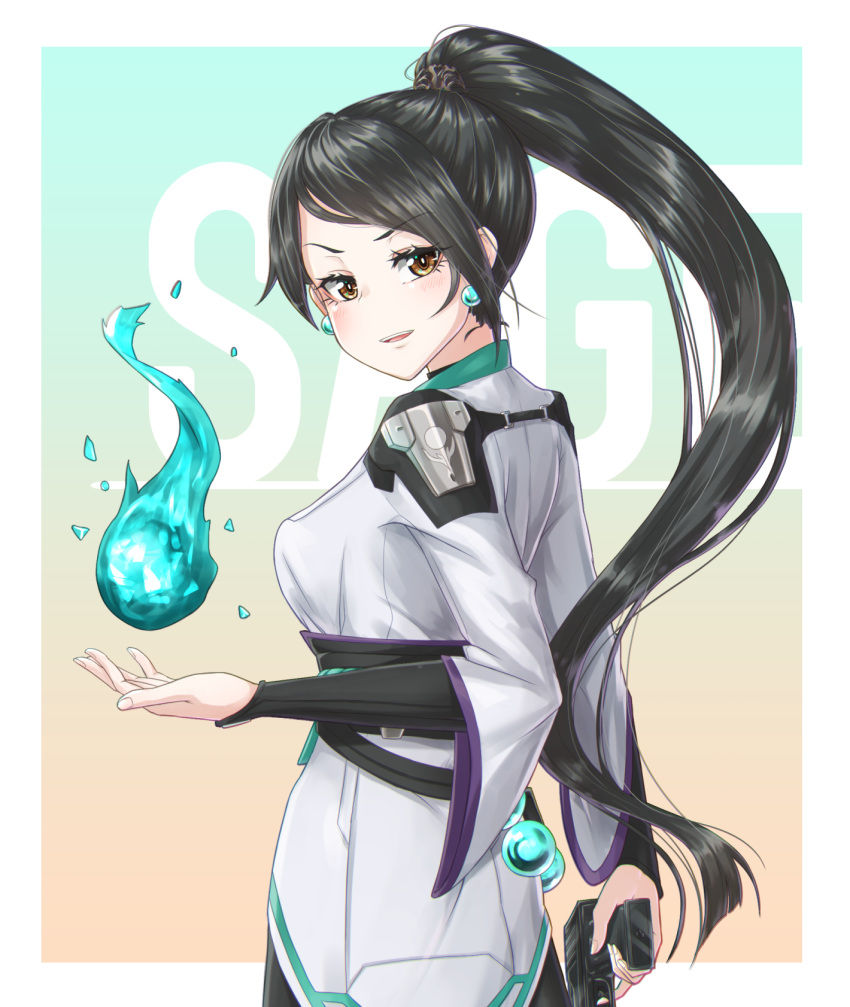 1girl black_hair breasts brown_eyes character_name chinese_clothes earrings eyebrows_visible_through_hair from_side gun hair_behind_ear handgun highres holding holding_gun holding_weapon jewelry long_hair looking_at_viewer medium_breasts obi open_hand open_mouth orb pistol ponytail roro_rosset sage_(valorant) sash solo valorant very_long_hair weapon