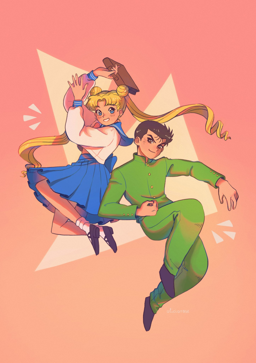 1boy 1girl alicia_rose arms_up bishoujo_senshi_sailor_moon blonde_hair blue_eyes blue_skirt brown_hair buttons character_request clenched_hand commentary crossover double_bun english_commentary eyelashes floating_hair green_jacket green_pants highres holding jacket long_hair long_sleeves looking_at_viewer pants parted_lips pleated_skirt sailor_moon school_uniform shirt shoes skirt smile socks tsukino_usagi twintails white_shirt yuu_yuu_hakusho