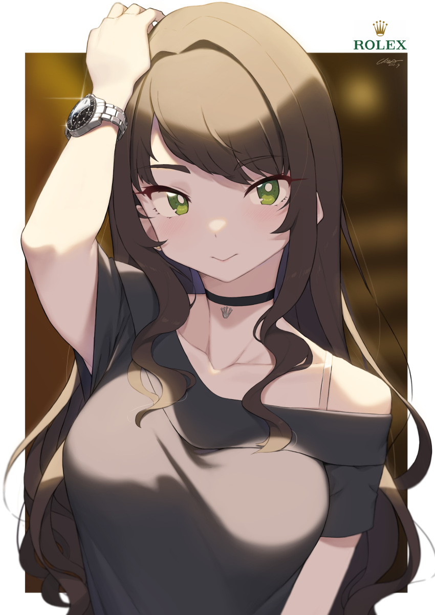 1girl :&gt; absurdres arm_up border breasts bright_pupils brown_hair choker cloba closed_mouth collarbone eyebrows_visible_through_hair glint green_eyes highres large_breasts long_hair looking_at_viewer off-shoulder_shirt off_shoulder original outside_border shirt sidelocks solo upper_body watch watch white_pupils