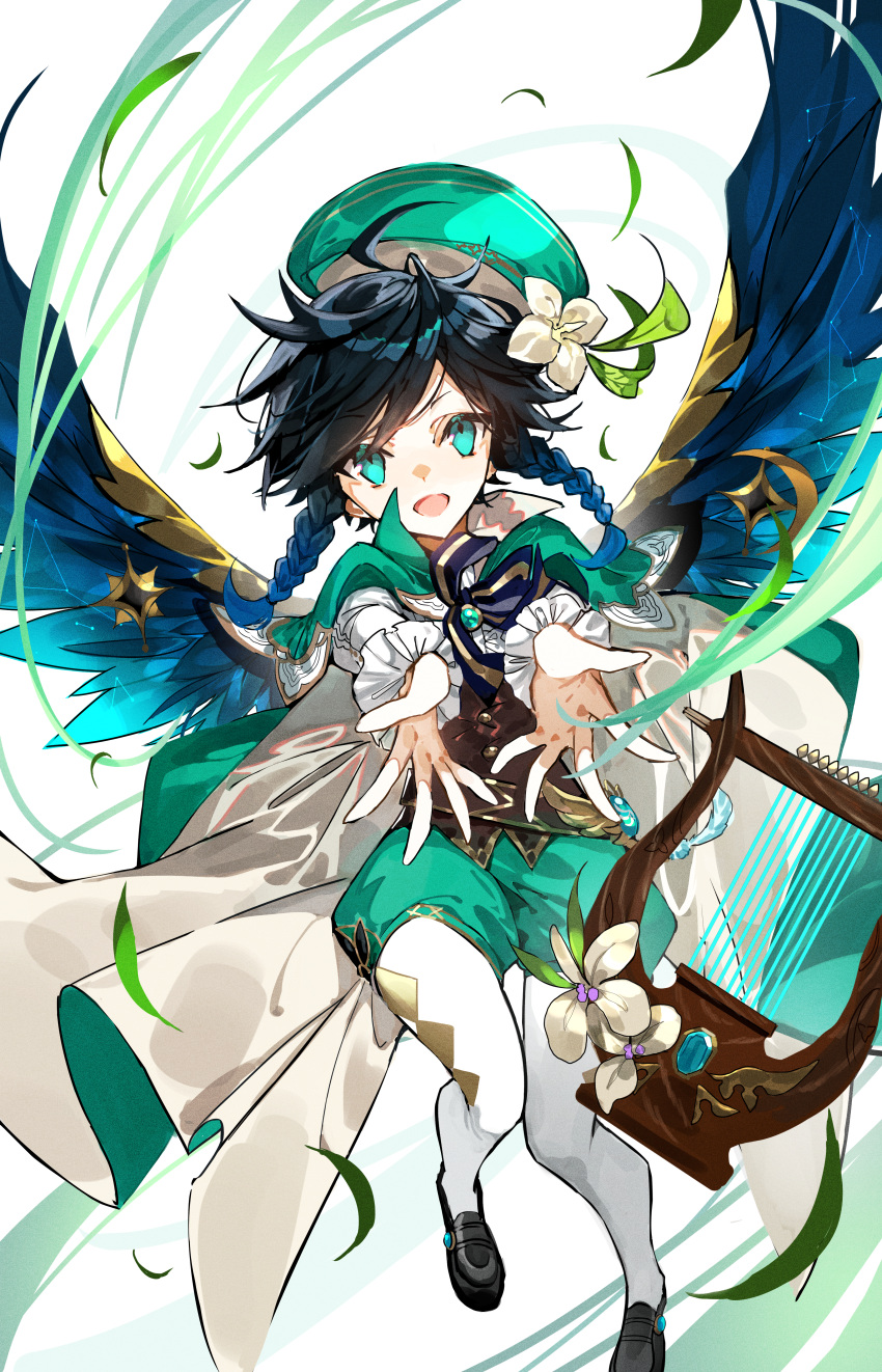 1boy :d absurdres black_footwear black_hair blue_hair collared_capelet commentary fake_wings flower full_body genshin_impact gradient_hair green_capelet green_eyes green_headwear green_shorts hat hat_flower highres huge_filesize leaf loafers looking_at_viewer lyre male_focus multicolored multicolored_hair multicolored_wings mura_karuki open_mouth outstretched_hand pantyhose shoes shorts simple_background smile solo venti_(genshin_impact) visible_air vision_(genshin_impact) white_background white_flower white_legwear wings