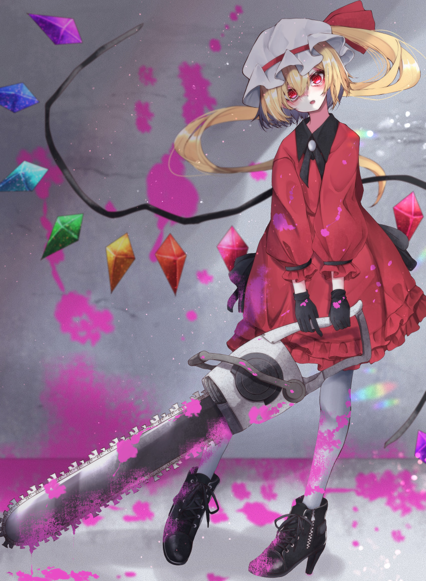 1girl :o absurdres alternate_costume bangs black_footwear black_gloves black_neckwear black_ribbon blonde_hair blurry blurry_background boots chainsaw chromatic_aberration crystal dress eyebrows_behind_hair fall_dommmmmer flandre_scarlet floating_hair full_body gloves grey_background grey_legwear hair_between_eyes hat hat_ribbon head_tilt high_heels highres holding_chainsaw huge_filesize lens_flare light_particles long_sleeves looking_at_viewer mob_cap one_side_up open_mouth pantyhose puffy_sleeves red_dress red_eyes red_ribbon ribbon short_hair simple_background solo standing standing_on_one_leg touhou white_headwear wings