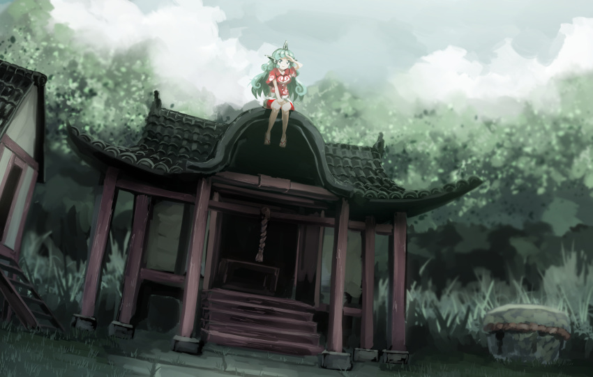 1girl architecture box clouds cloudy_sky commentary commission curly_hair day donation_box east_asian_architecture eyebrows_visible_through_hair fisheye forest geta grass green_eyes green_hair hakurei_shrine hand_on_own_forehead highres horns kariyushi_shirt keystone komano_aunn long_hair looking_at_viewer nature outdoors pixiv_request red_shirt rope shimenawa shirt short_sleeves shorts shrine sitting sky smile solo sunyup touhou very_long_hair white_shorts