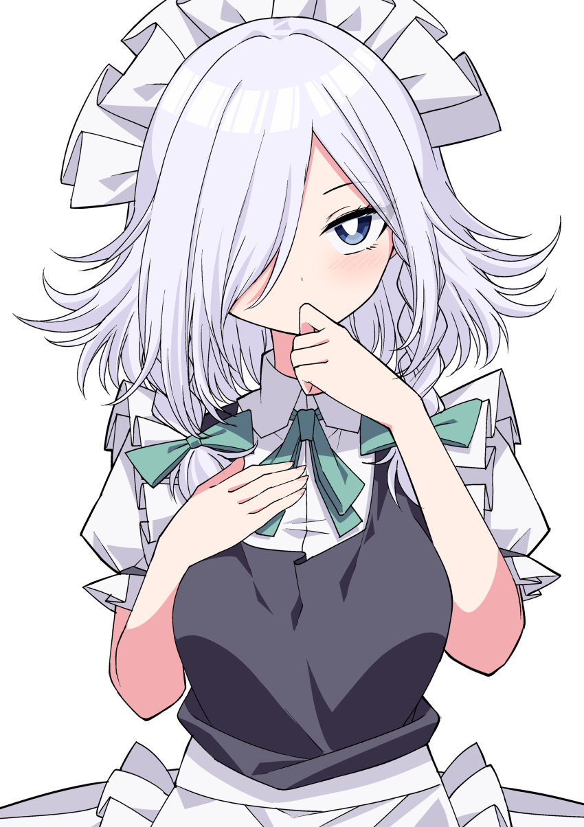 1girl absurdres alternate_hairstyle apron arms_up black_vest blue_eyes braid breasts bright_pupils commentary_request finger_to_mouth green_neckwear green_ribbon hair_over_one_eye hair_ribbon hand_on_own_chest head_tilt highres izayoi_sakuya light_blush looking_at_viewer maid_headdress medium_breasts puffy_short_sleeves puffy_sleeves ribbon shirt short_hair short_sleeves silver_hair simple_background solo standing touhou tress_ribbon tsukimirin twin_braids upper_body vest waist_apron white_background white_pupils white_shirt