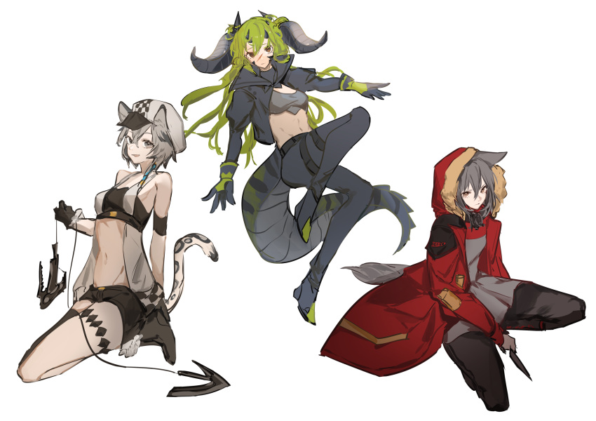 3girls animal_ears aonogura arknights bandeau black_footwear black_gloves black_jacket black_legwear black_pants black_shorts black_tubetop boots breasts brown_eyes checkered checkered_headwear cliffheart_(arknights) closed_mouth coat commentary dagger dinosaur_tail dragon_tail earrings estelle_(arknights) full_body fur-trimmed_hood fur_trim gloves green_gloves green_hair grey_eyes grey_shirt hair_between_eyes hat highres holding holding_dagger holding_weapon hood hooded_coat hook horns jacket jewelry kneeling leopard_ears leopard_tail long_hair looking_at_viewer mask_around_neck multiple_girls navel open_clothes open_coat open_jacket open_mouth oripathy_lesion_(arknights) pants projekt_red_(arknights) red_coat red_eyes red_jacket shirt short_hair short_shorts shorts silver_hair simple_background single_earring single_thighhigh small_breasts smile squatting stomach strapless tail tassel tassel_earrings thigh-highs thigh_strap tubetop two-tone_gloves weapon white_background white_headwear wolf_ears wolf_tail
