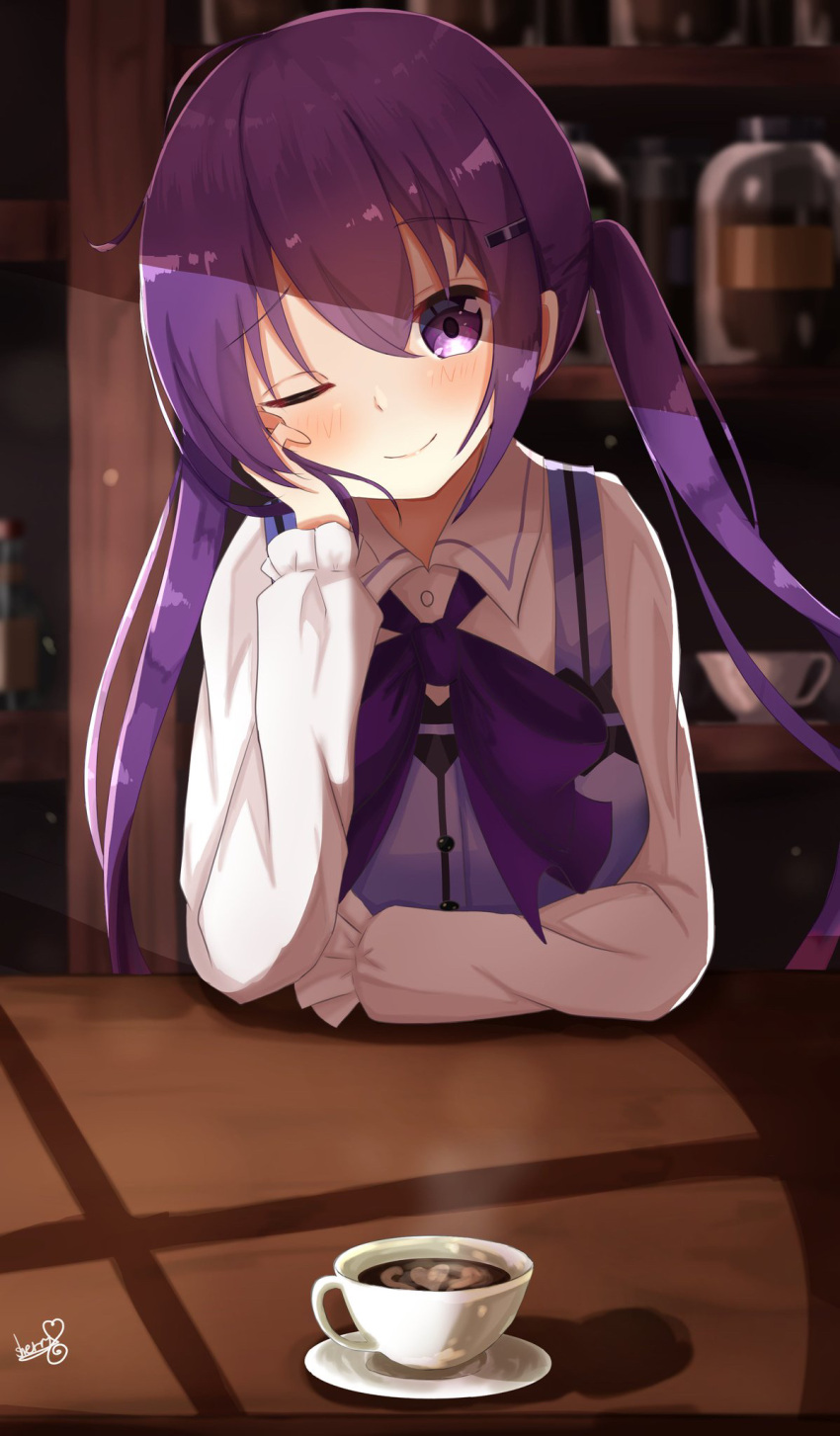 1girl ;) ahoge blurry blurry_background blush cafe closed_mouth collared_shirt cup floating_hair gochuumon_wa_usagi_desu_ka? hair_ornament hairclip head_rest head_tilt highres indoors long_hair long_sleeves looking_at_viewer naonao_(sherry) one_eye_closed purple_hair purple_neckwear purple_vest rabbit_house_uniform shiny shiny_hair shirt signature sitting smile solo teacup tedeza_rize twintails upper_body vest violet_eyes white_shirt wing_collar