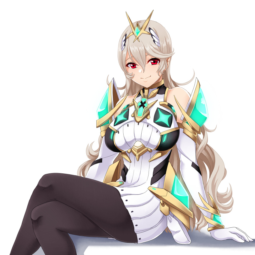 1girl absurdres armor bangs bare_shoulders breasts corrin_(fire_emblem) corrin_(fire_emblem)_(female) dress earrings elbow_gloves fire_emblem fire_emblem_fates gloves hair_between_eyes hair_ornament hairband headpiece highres jewelry long_hair manakete mythra_(xenoblade) pointy_ears red_eyes seityr short_dress silver_hair super_smash_bros. swept_bangs thigh_strap tiara very_long_hair white_dress white_gloves xenoblade_chronicles_(series) xenoblade_chronicles_2