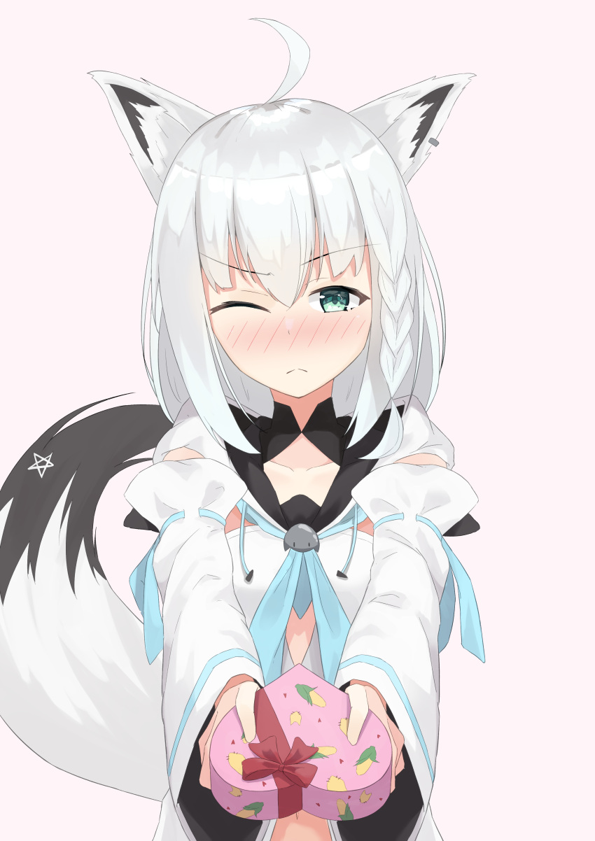 1girl absurdres ahoge animal_ears bangs blue_neckwear blush box braid detached_sleeves earrings eyebrows_visible_through_hair fox_ears fox_girl fox_tail gift gift_box green_eyes hair_between_eyes heart-shaped_box highres holding holding_gift hololive hood hoodie jewelry long_hair looking_at_viewer midriff navel neckerchief one_eye_closed outstretched_arms pentagram shirakami_fubuki sidelocks simple_background single_braid solo starkamisan tail valentine virtual_youtuber white_background white_hair white_hoodie