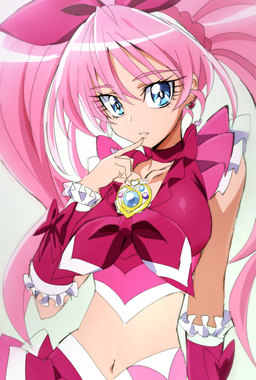 1girl absurdres bangs blue_eyes breasts brooch choker commentary_request cure_melody earrings eyebrows_visible_through_hair finger_to_mouth heart heart_earrings highres houjou_hibiki jewelry long_hair looking_at_viewer magical_girl manji_(tenketsu) medium_breasts midriff navel pink_hair precure red_choker solo suite_precure twintails