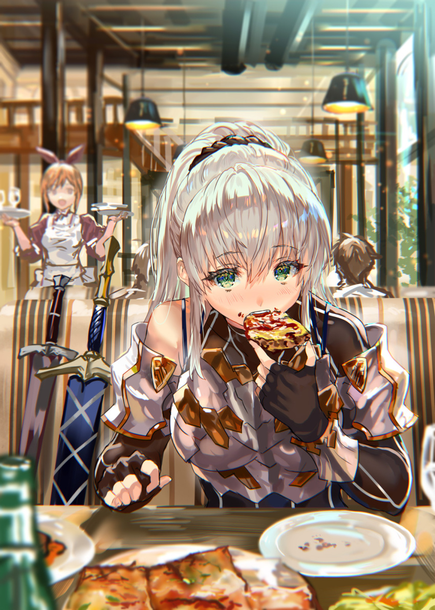 1girl armor bangs black_gloves blush bottle breasts eating fingerless_gloves food gloves green_eyes hair_ornament hair_scrunchie highres large_breasts long_hair looking_at_viewer open_mouth original ponytail ran'ou_(tamago_no_kimi) scrunchie silver_hair sitting solo_focus sword table weapon