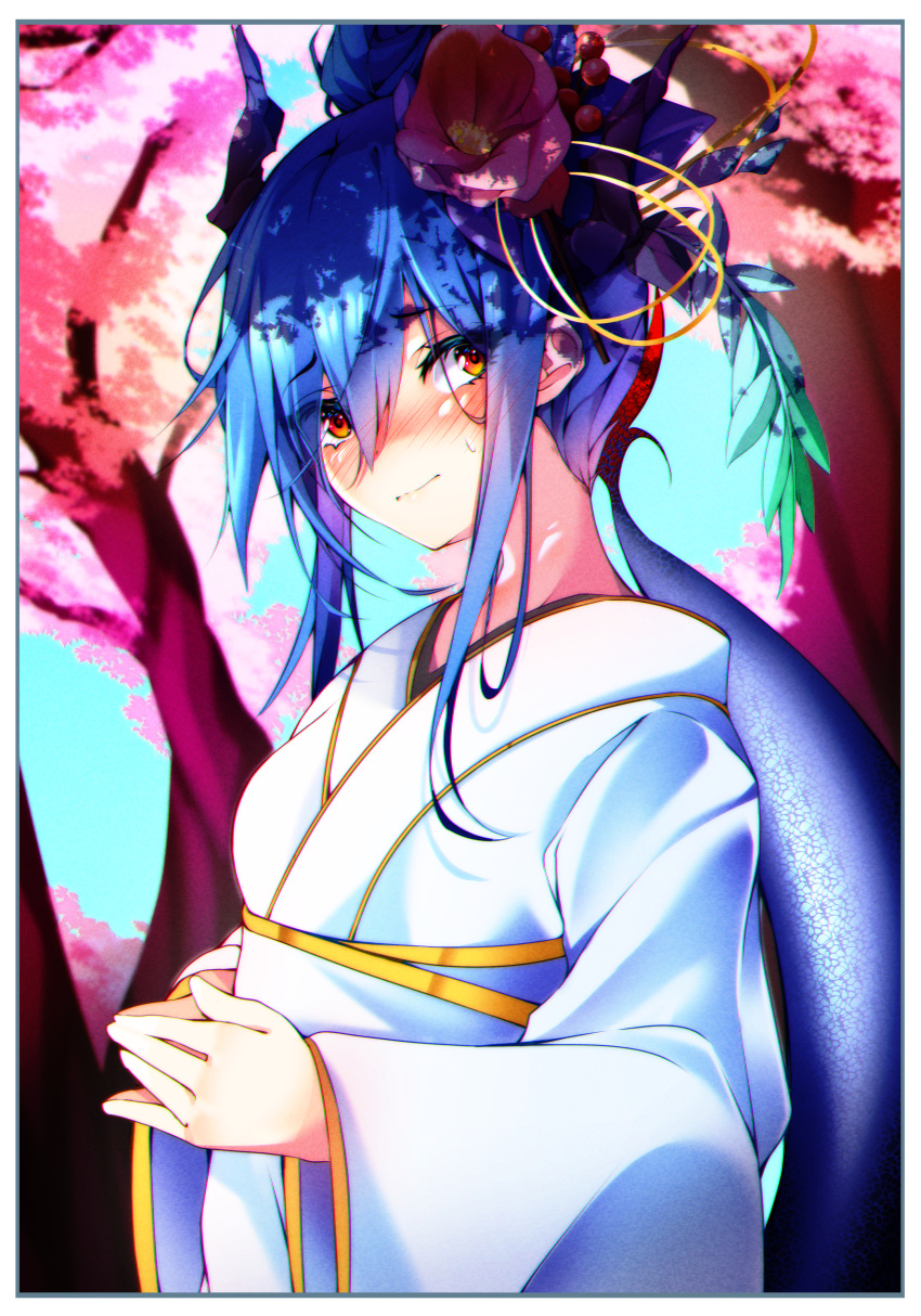 1girl absurdres alternate_costume arknights beads blue_hair blush ch'en_(arknights) cherry_blossoms clip_studio_paint_(medium) dragon_girl dragon_horns dragon_tail flower hair_beads hair_flower hair_ornament highres horns huge_filesize japanese_clothes kimono orange_eyes solo tail the0neulost tree