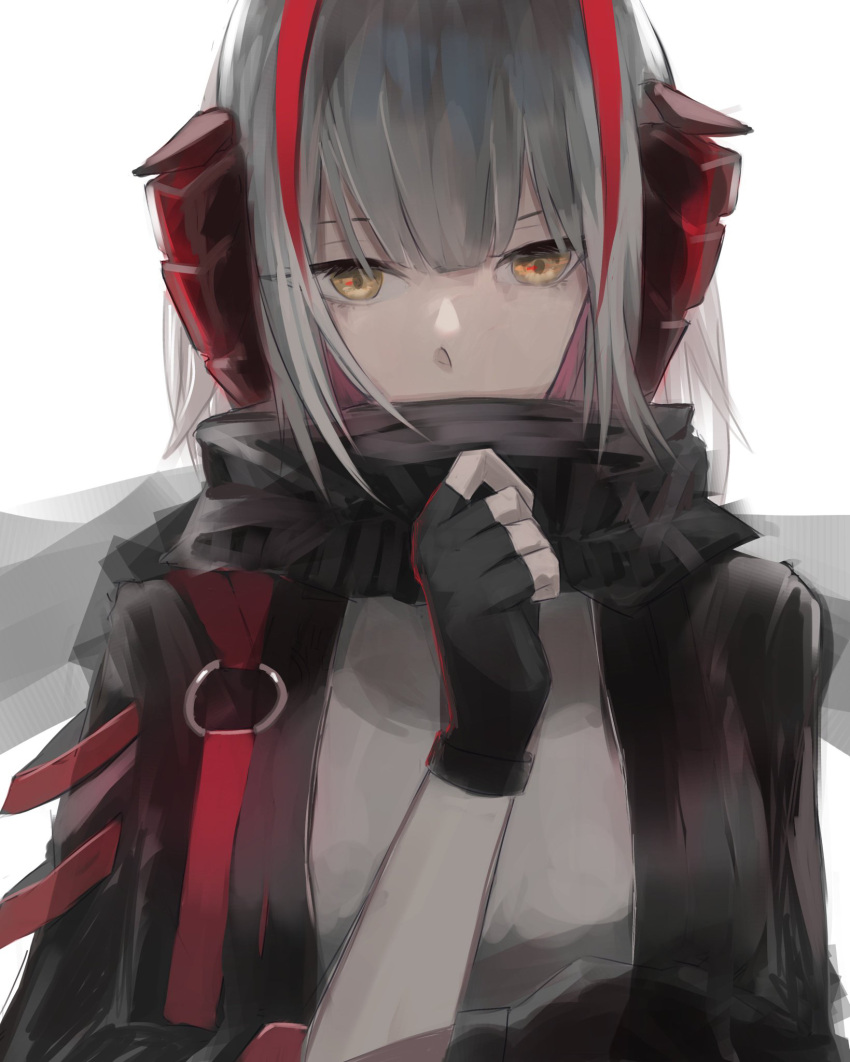 1girl adjusting_scarf antenna_hair arknights black_gloves black_jacket black_scarf breasts commentary demon_horns english_commentary fingerless_gloves gloves grey_hair grey_shirt hair_between_eyes hand_up highres horns jacket long_hair medium_breasts open_clothes open_jacket redhead scarf shirt simple_background solo thinking upper_body w_(arknights) white_background yaruyan yellow_eyes