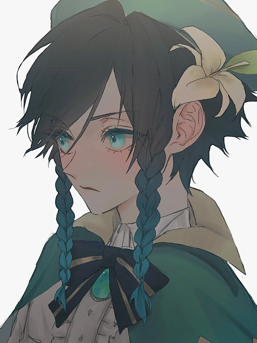 1boy aqua_hair black_hair black_neckwear blush bow bowtie braid brooch capelet collared_capelet commentary eyelashes flower genshin_impact gradient_hair green_capelet green_eyes green_headwear haruno_ryo_1202 hat hat_flower highres jewelry looking_to_the_side male_focus multicolored_hair serious shirt simple_background solo striped striped_neckwear twin_braids upper_body venti_(genshin_impact) white_background white_flower white_shirt yellow_neckwear