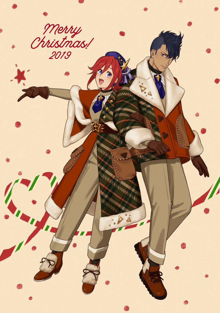 1boy 1girl 2019 absurdres beige_pants blue_headwear brown_footwear brown_gloves fur_trim gloves hair_behind_ear highres jacket jewelry kaname_buccaneer leaning_back looking_to_the_side macross macross_delta merry_christmas messer_ihlefeld mosako open_mouth orange_jacket plaid_jacket redhead single_earring smile v-shaped_eyebrows violet_eyes