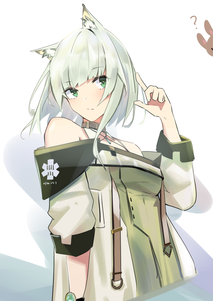 1girl absurdres amiya_(arknights) animal_ear_fluff animal_ears arknights breasts brown_collar cat_ears chichi_guai chinese_commentary closed_mouth collar dress eyebrows_visible_through_hair green_dress green_eyes highres index_finger_raised jewelry kal'tsit_(arknights) looking_to_the_side medium_breasts o-ring off-shoulder_dress off_shoulder pendant short_hair silver_hair simple_background solo_focus strap upper_body white_background